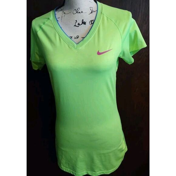Nike Pro Tops - Nike Pro Womens Medium Compression Dri Fit Neon Green V-Neck Longer Length Shirt